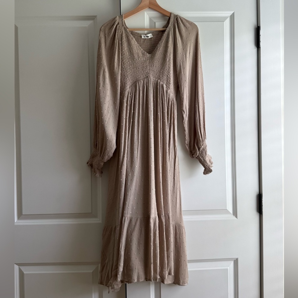 In Bloom Tan Pleated Tiered Sundress with Bishop Sleeves